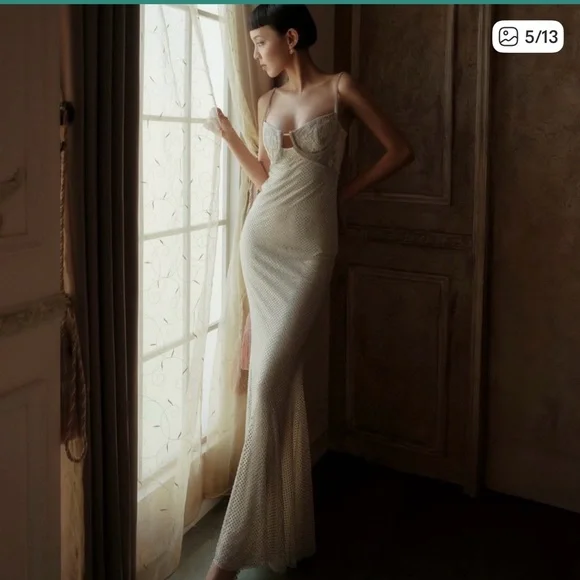 Self Portrait cream rhinestone mesh maxi dress elegant cocktail ethereal US 12 - Picture 13 of 16